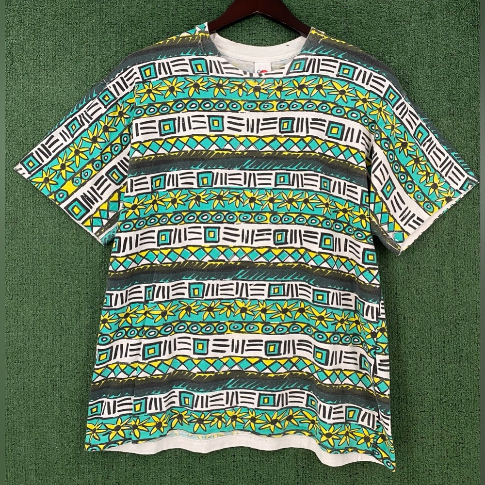 VTG 80’s Colorful Floral Geometric All Over Print T-Shirt Men’s Large USA Made